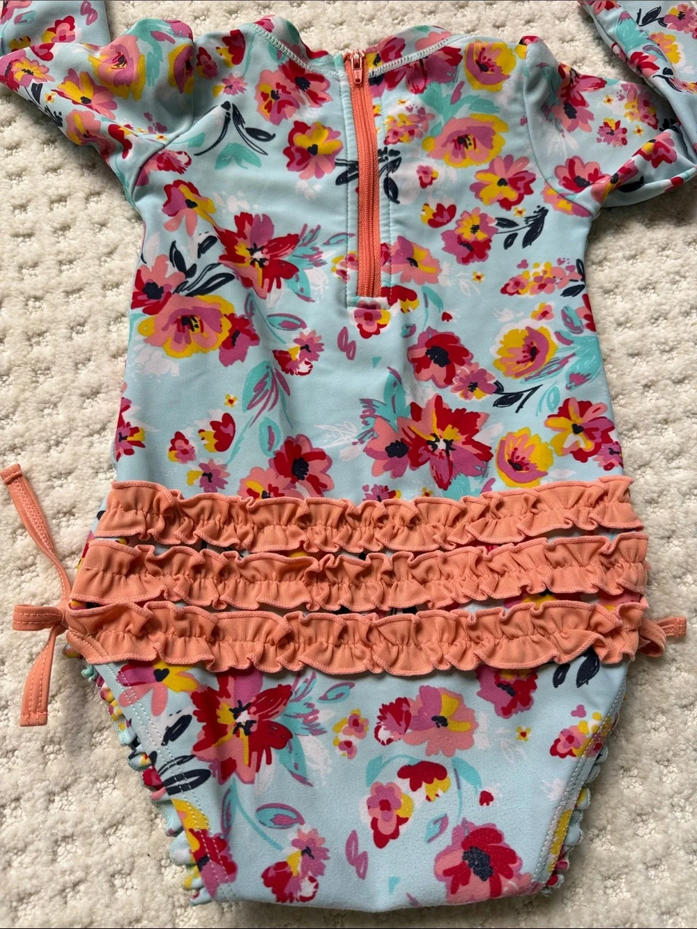 Ruffle Butts Aqua Floral Long-Sleeve Swim One-Piece with Pink and Yellow Flowers
